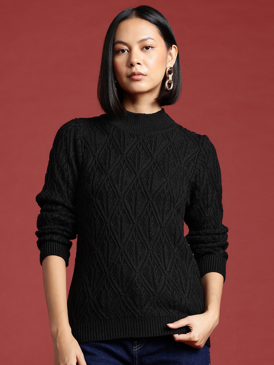 

all about you Cable Knit Self-Design Pullover, Black