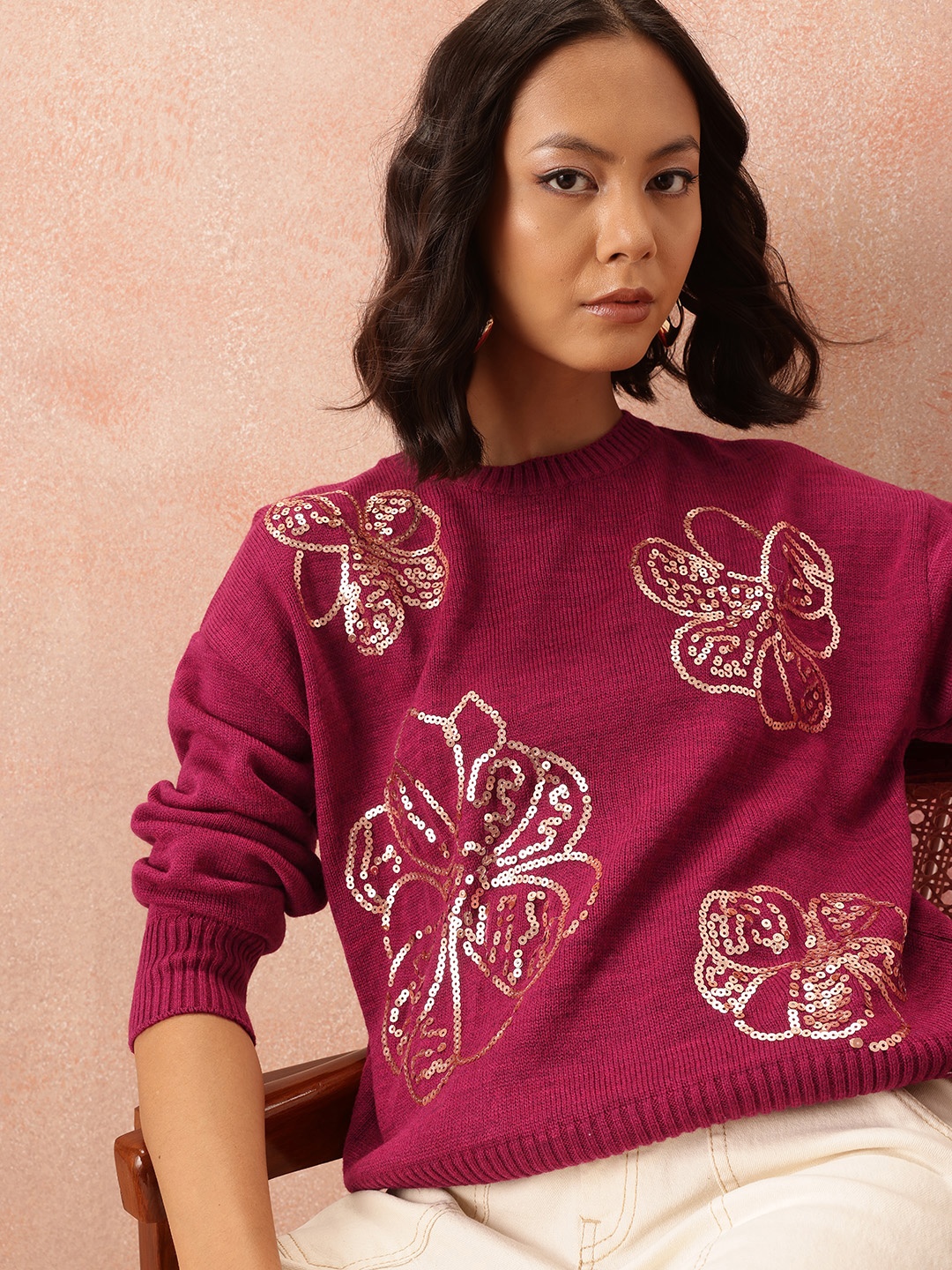 

all about you Longline Acrylic Pullover with Sequined Detail, Fuchsia