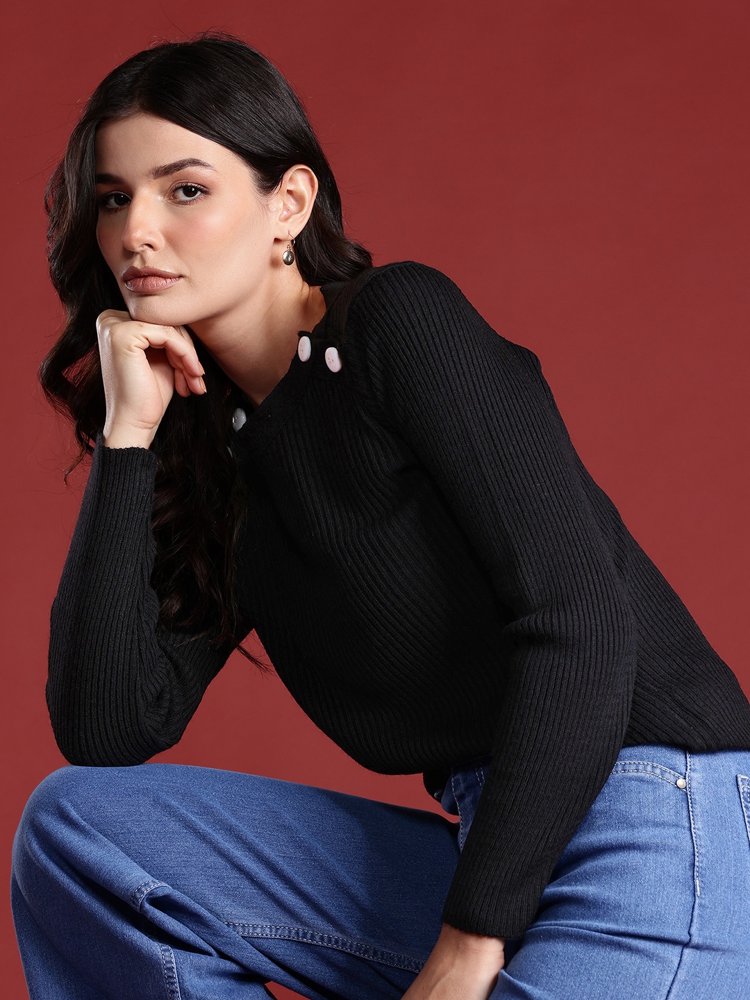 

all about you Women Acrylic Ribbed Pullover, Black