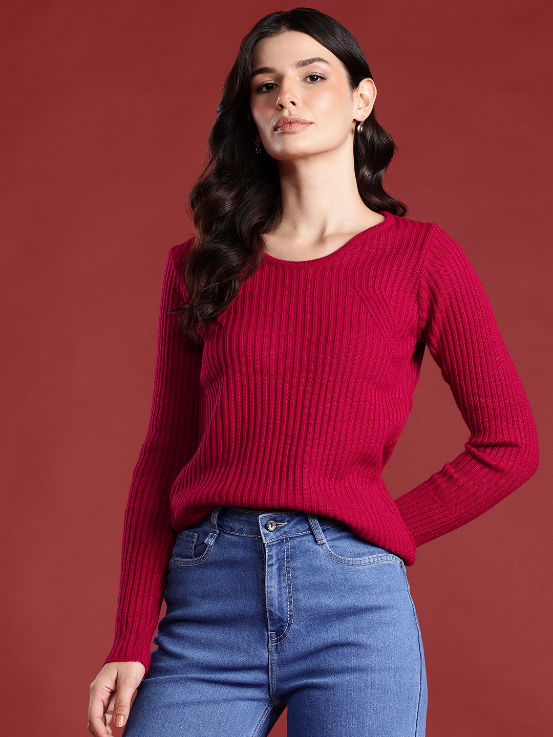 

all about you Women Acrylic Ribbed Pullover, Maroon