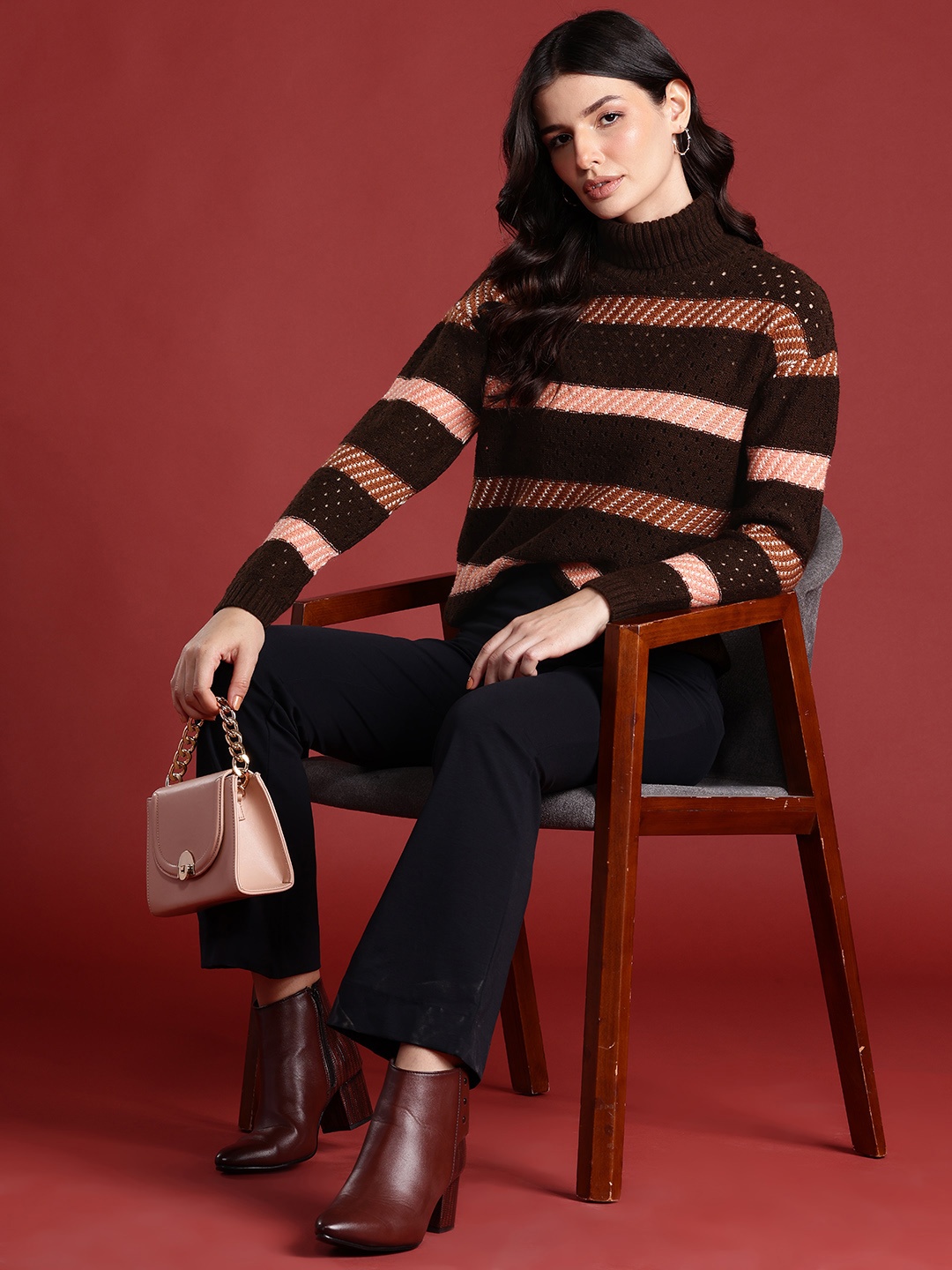

all about you Women Acrylic Striped Pullover, Brown