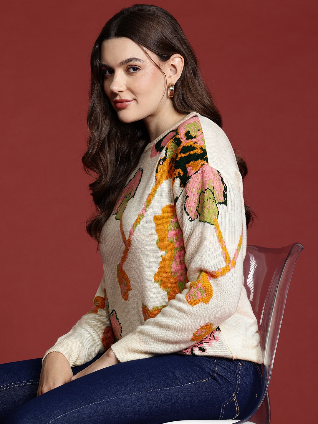 

all about you Round Neck Acrylic Pullover, Cream