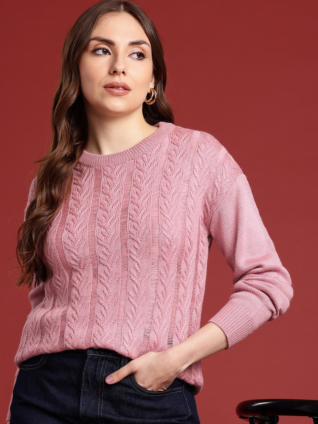 

all about you Self Design Cable Knit Pullover, Pink