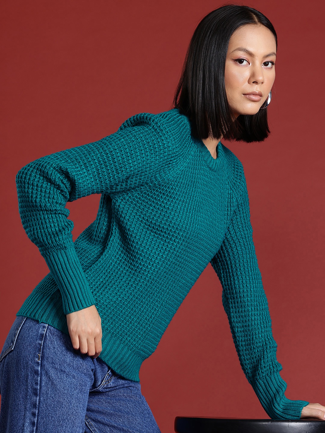 

all about you Knitted Acryclic Pullover, Teal