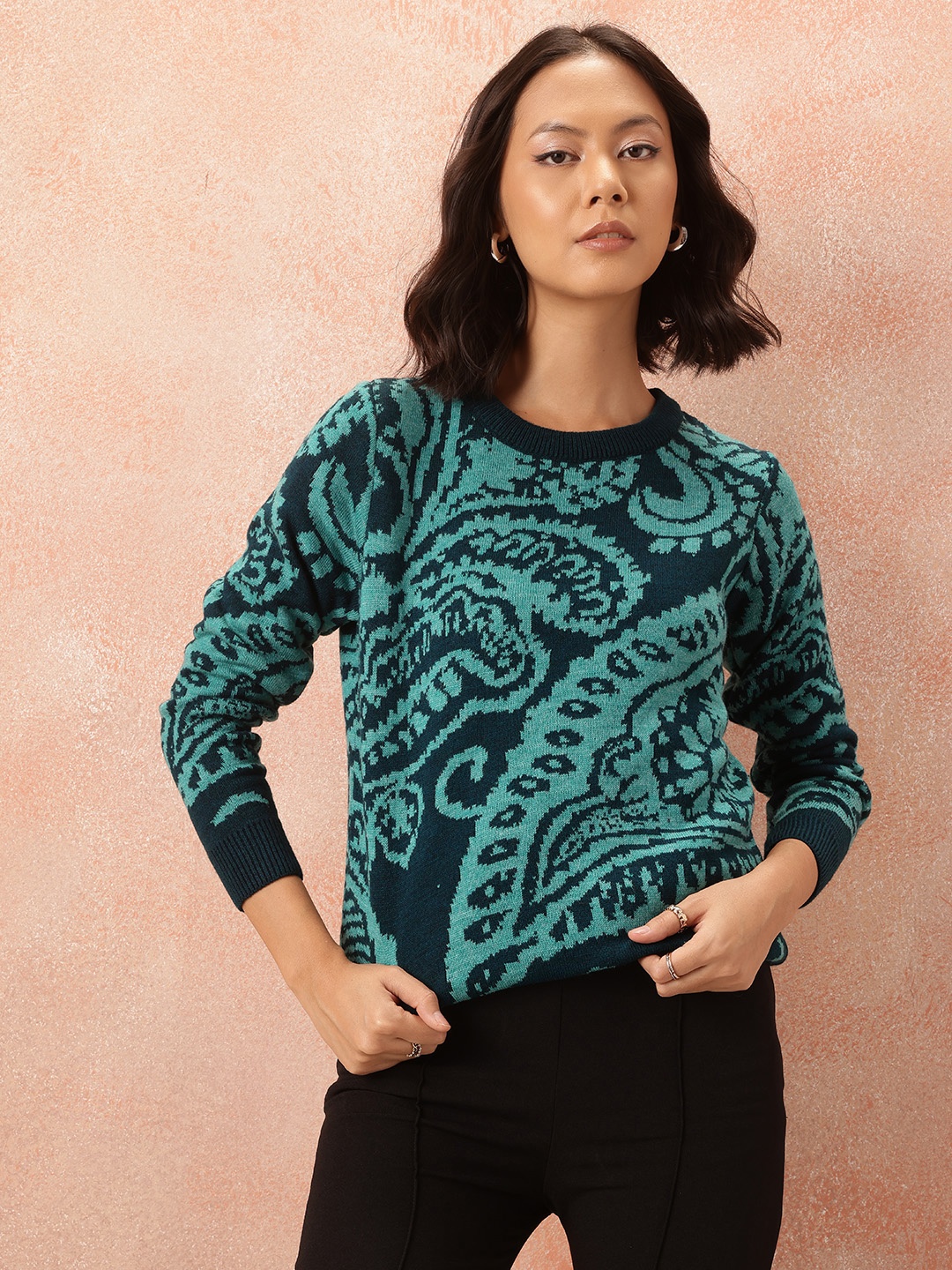 

all about you Abstract Print Longline Pure Acrylic Pullover, Green