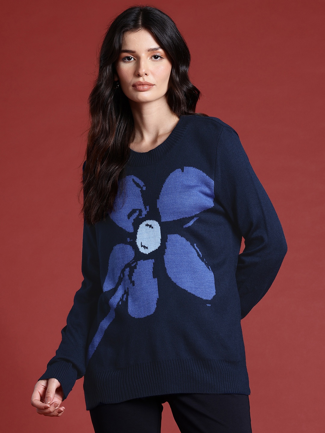 

all about you Floral Design Full Sleeves Longline Sweater, Navy blue