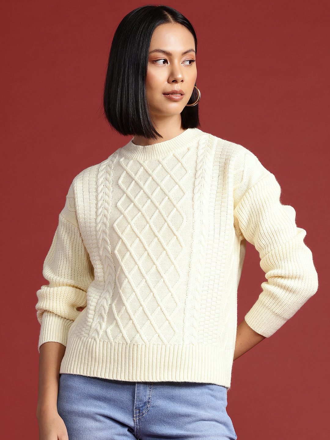 

all about you Cable Knit Checked Detail Pullover, Cream