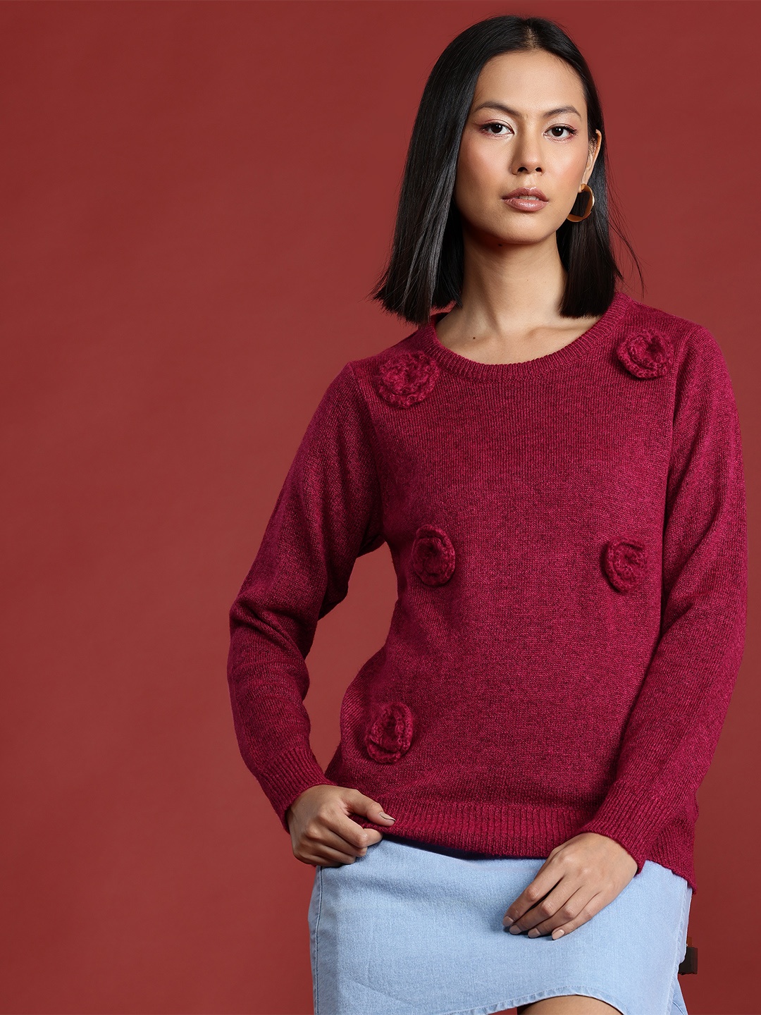 

all about you Floral Crochet Pullover, Maroon