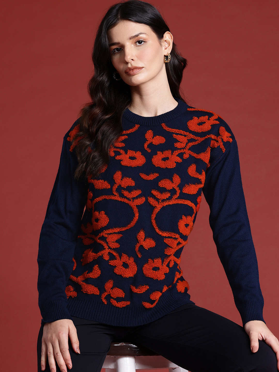 

all about you Self Design Floral Pullover, Navy blue