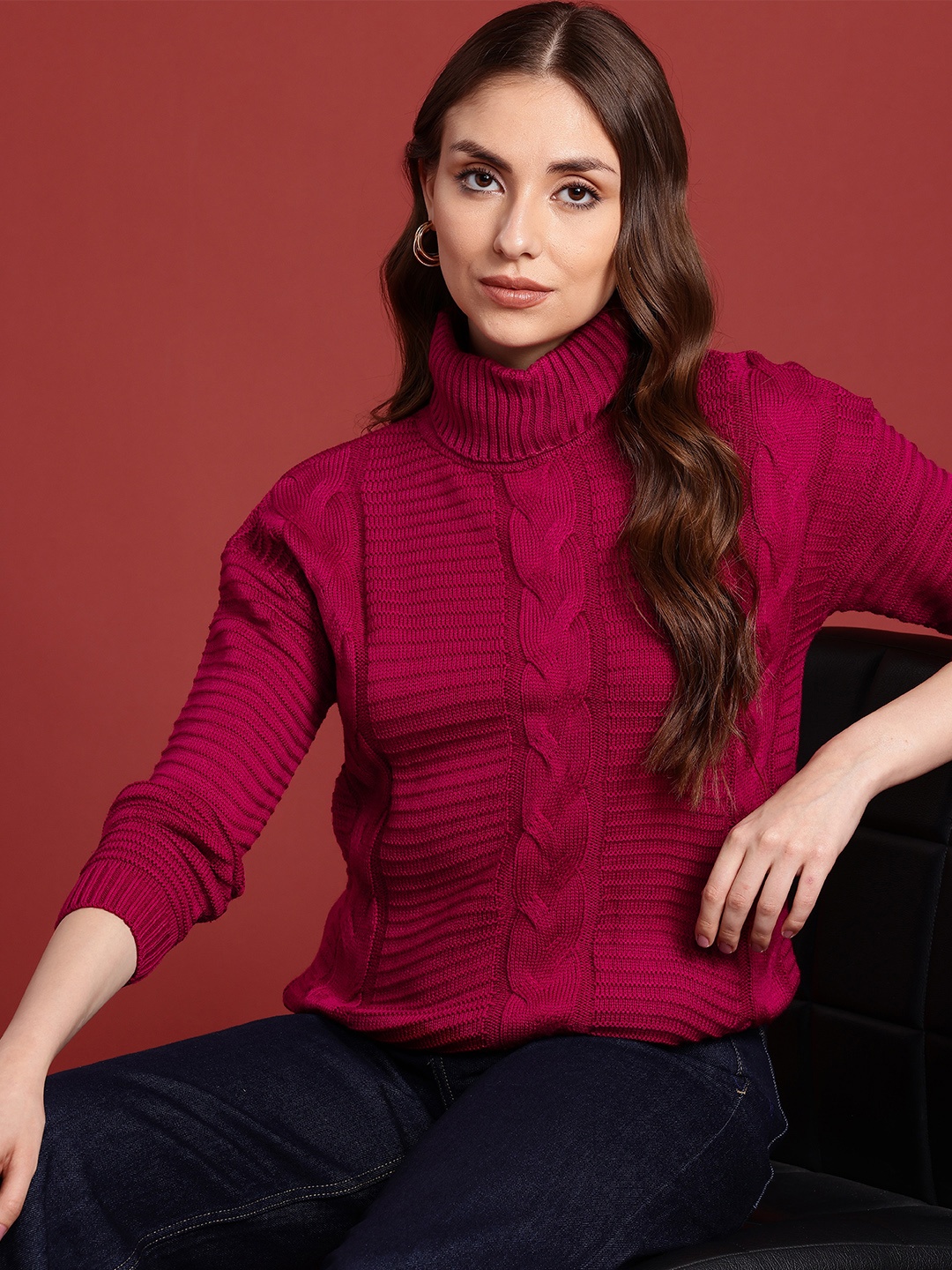 

all about you Cable Knit Turtle Neck Pullover, Pink