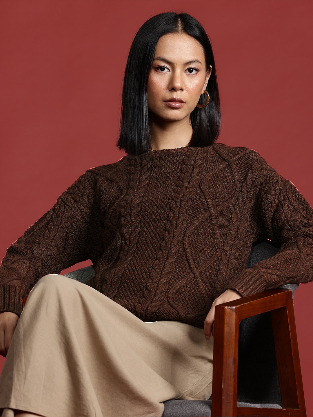 

all about you Acrylic Cable Knit Pullover, Brown