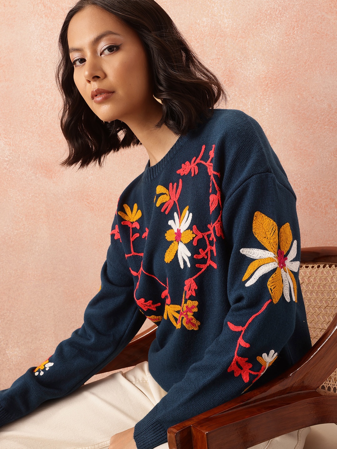 

all about you Floral Embroidered Pure Acrylic Pullover, Navy blue