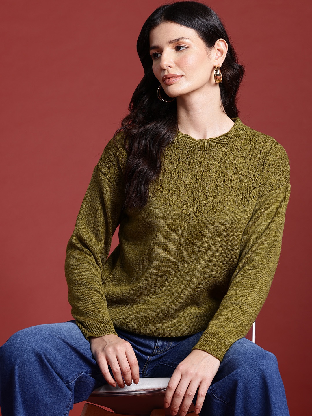 

all about you Self Design Sweater, Olive