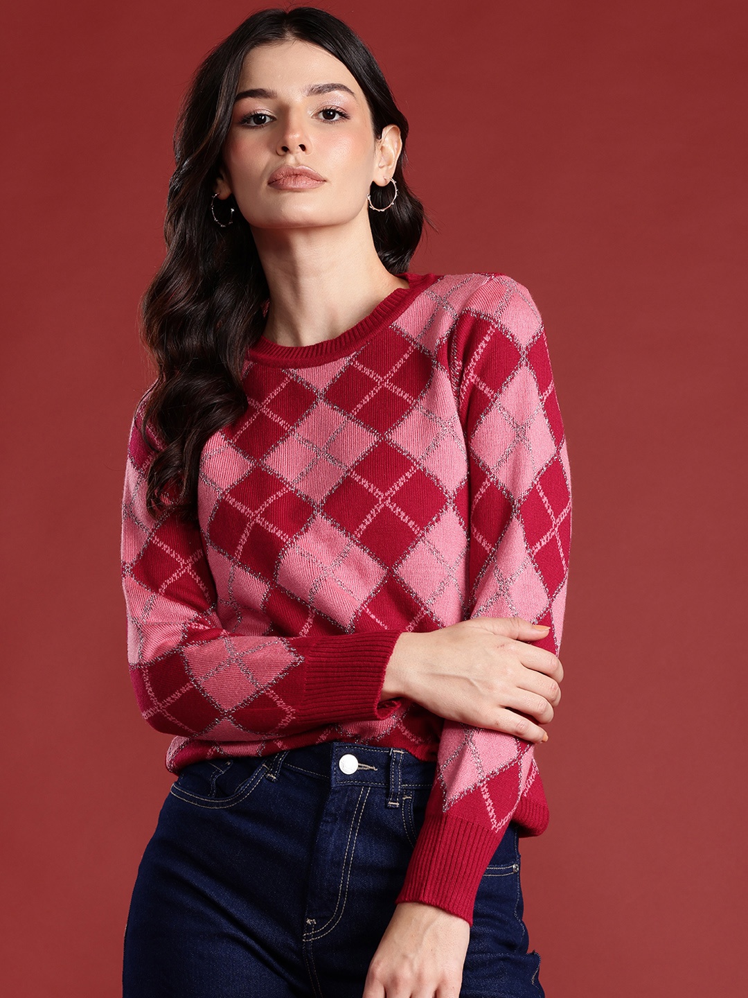 

all about you Women Acrylic Argyle Pullover, Red