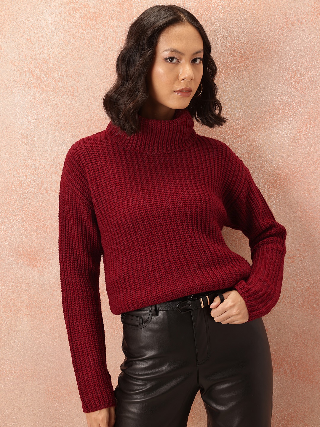 

all about you Ribbed Acrylic Longline Pullover, Maroon