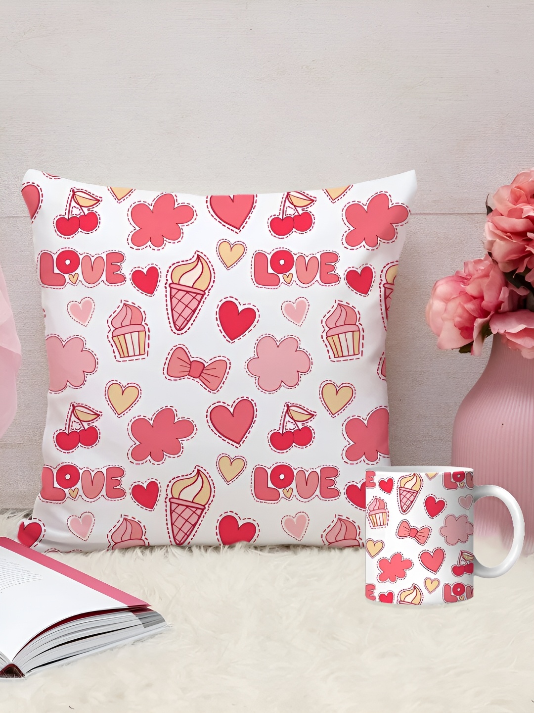 

DecorTwist White & Pink 2 Pieces Graphic Printed Coffee Mug & Cushion Home Gift Sets