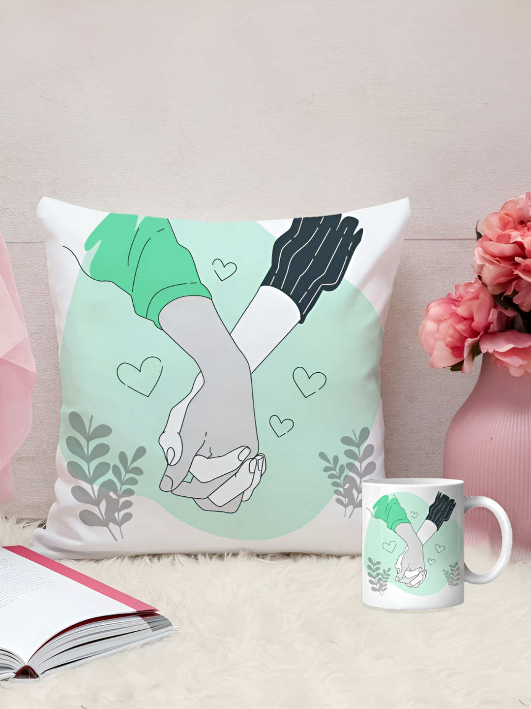 

DecorTwist White & Green 2 Pieces Graphic Printed Coffee Mug & Cushion Home Gift Sets