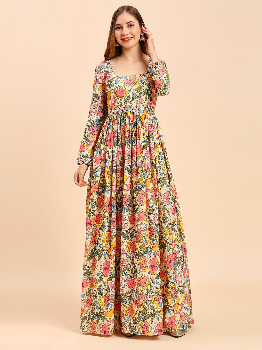 

MADHURAM Floral Printed Silk Maxi Dress, Beige