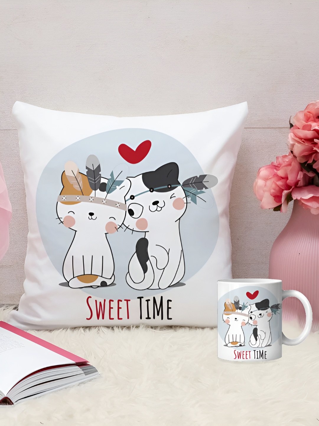 

DecorTwist White & Grey 2 Pieces Graphic Printed Coffee Mug & Cushion Home Gift Sets