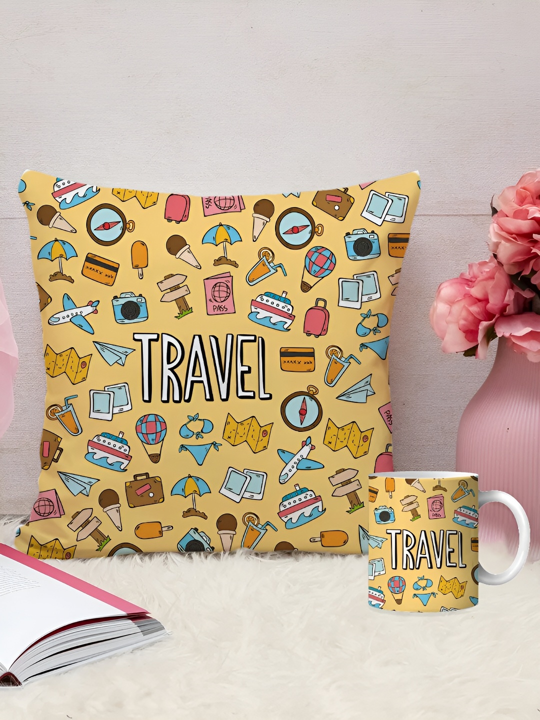 

DecorTwist Yellow & Blue 2 Pieces Travel Printed Cushion With Coffee Mug