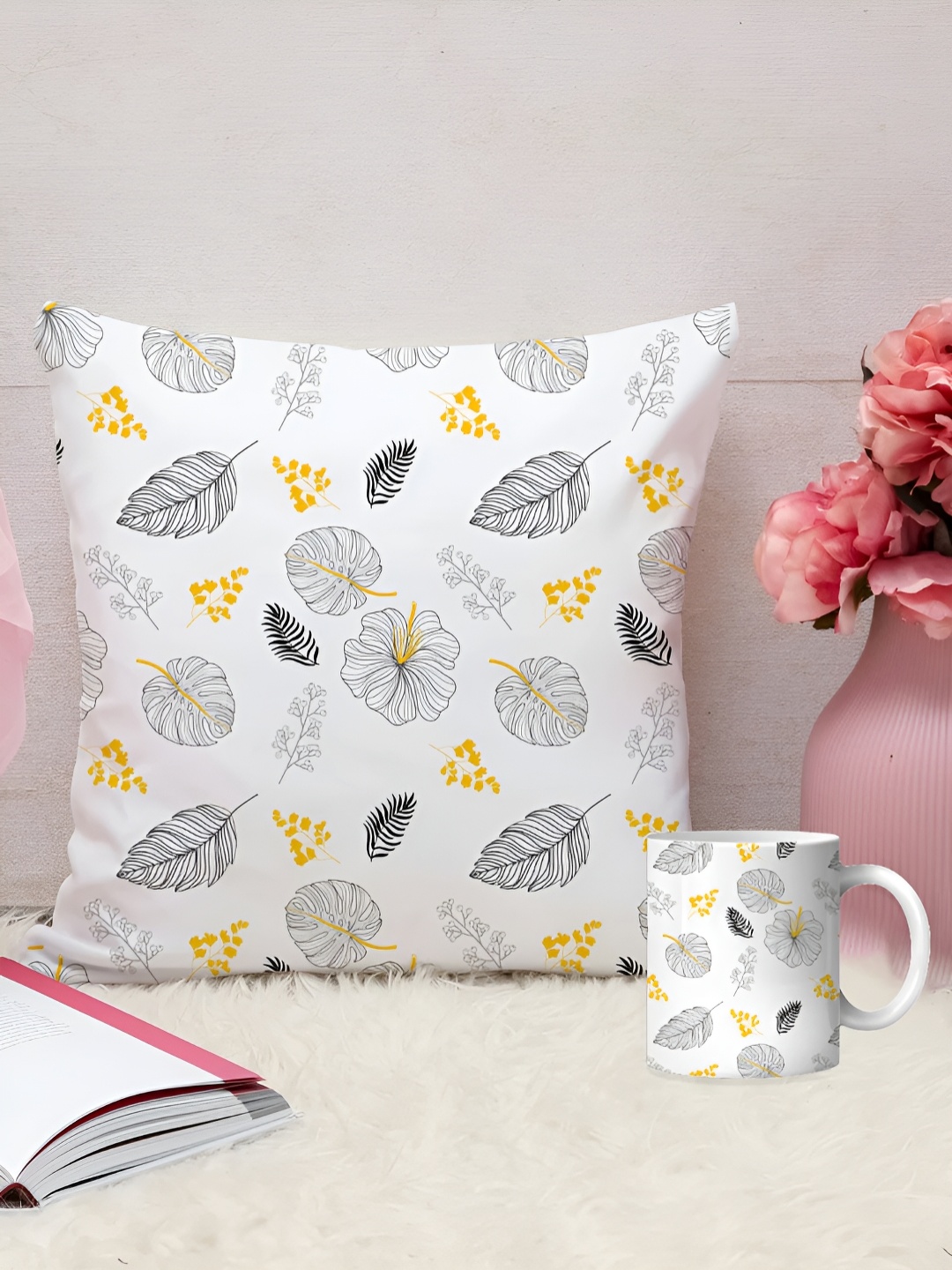 

DecorTwist White & Grey 2 Pieces Printed Cushion With Coffee Mug