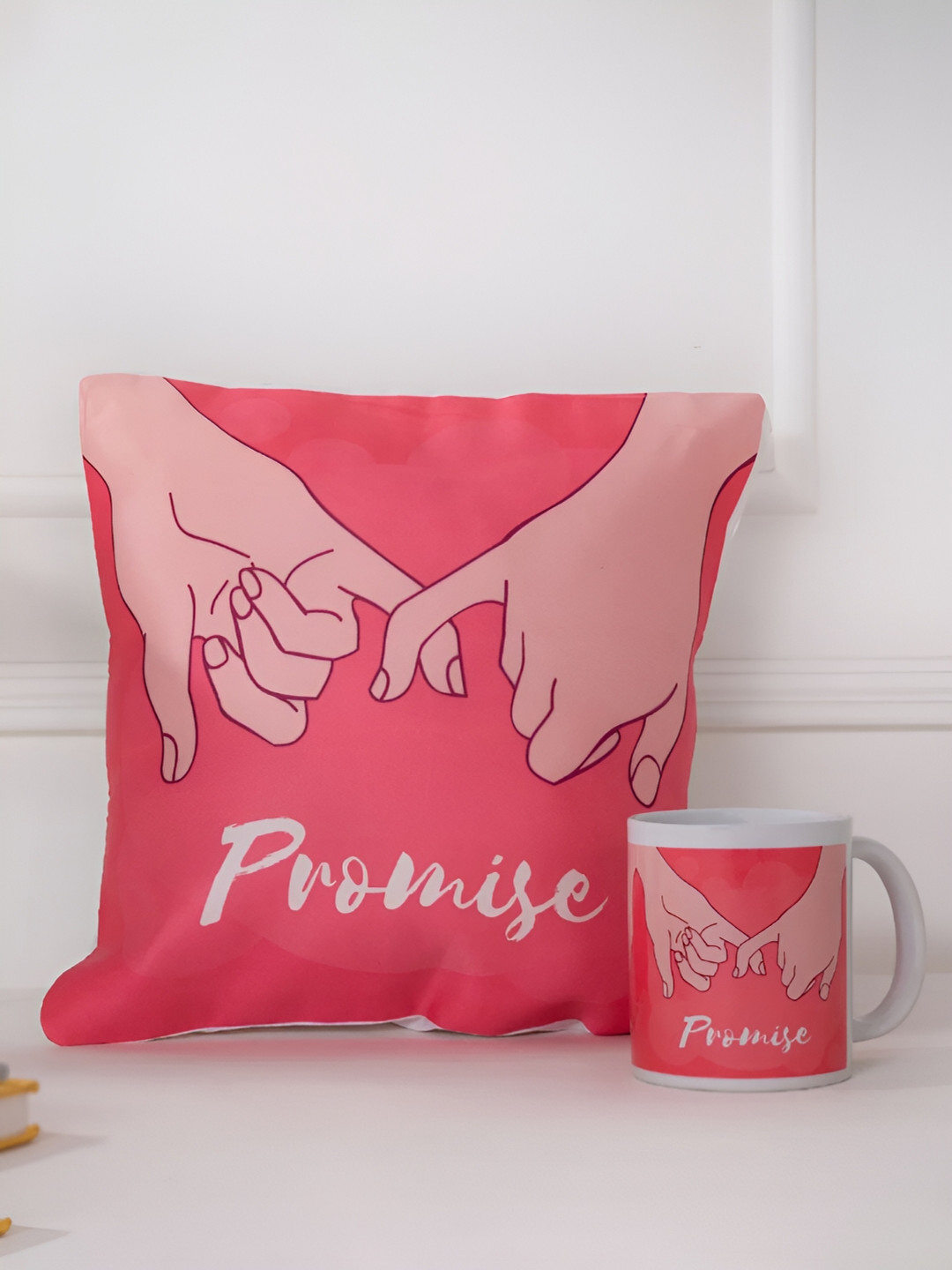 

DecorTwist White & Pink 2 Pieces Printed Cushion With Coffee Mug