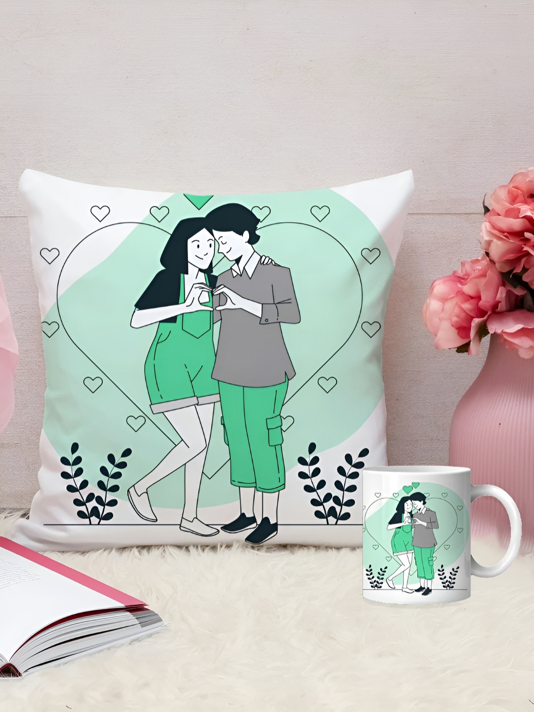 

DecorTwist White & Green 2 Pieces Couple Printed Cushion With Coffee Mug