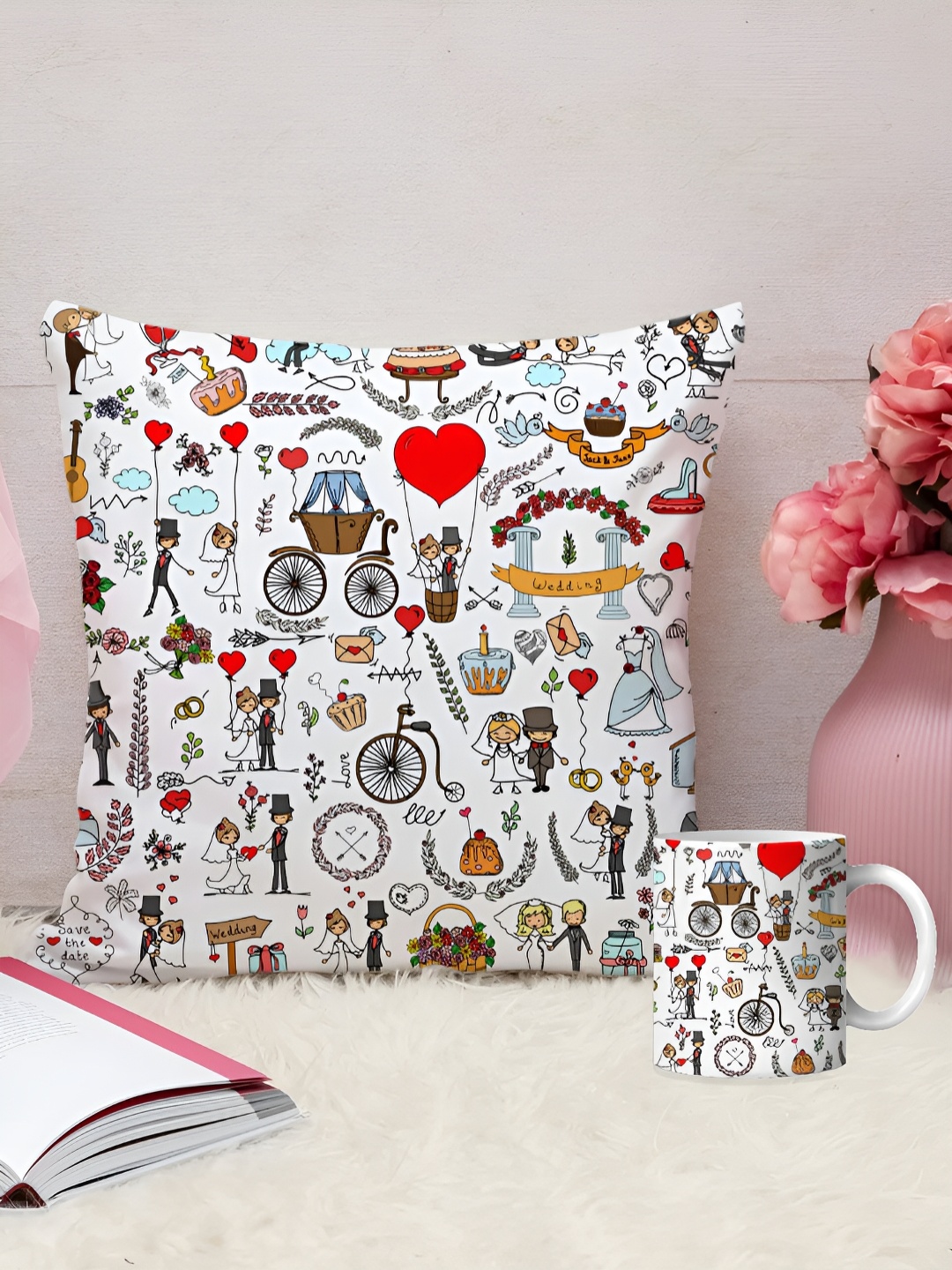 

DecorTwist White & Red 2 Pieces Printed Cushion With Coffee Mug