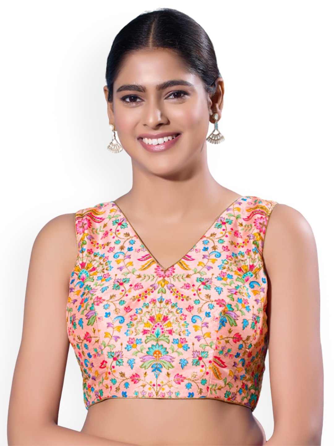 

SALWAR STUDIO Printed V-Neck Saree Blouse, Peach