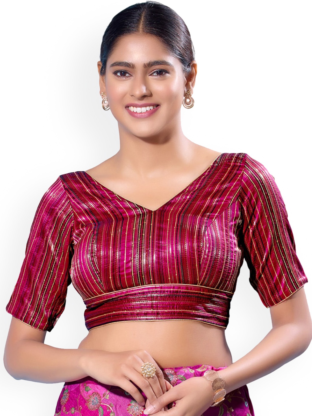 

SALWAR STUDIO Striped Padded Saree Blouse, Magenta