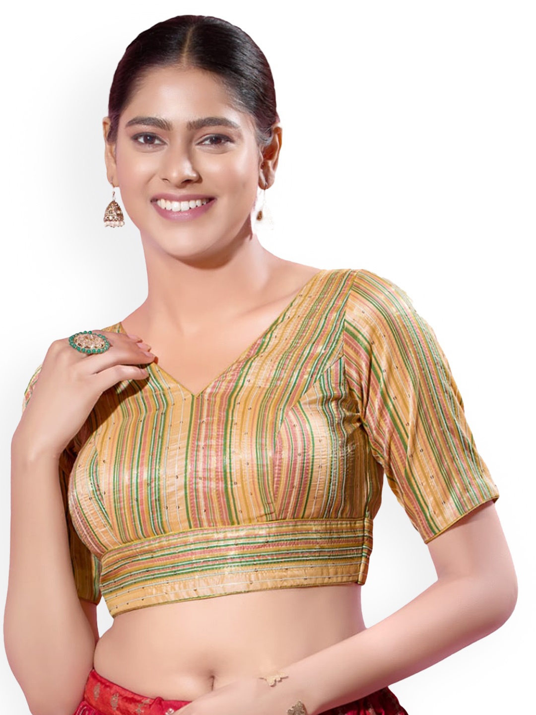 

SALWAR STUDIO Striped Brocade Saree Blouse, Gold