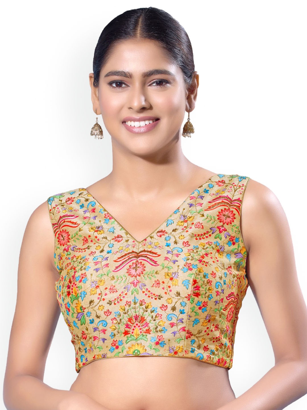 

SALWAR STUDIO Printed V-Neck Saree Blouse, Gold