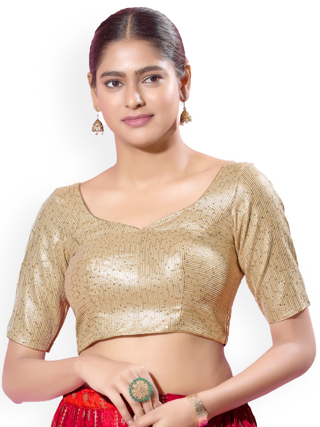 

SALWAR STUDIO Embellished Sweetheart Neck Silk Saree Blouse, Gold