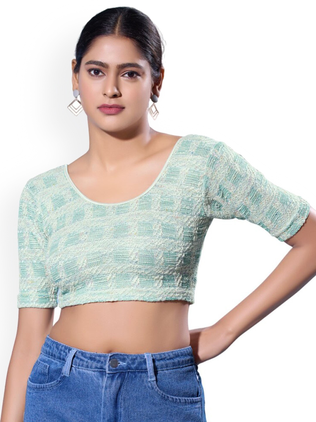

SALWAR STUDIO Checkered Stretchable Saree Blouse, Green