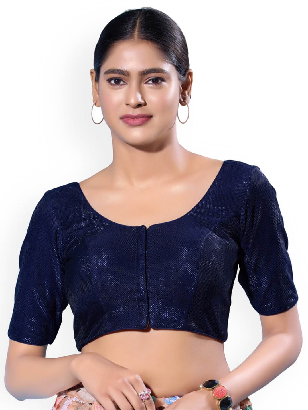 

SALWAR STUDIO Shimmer Padded Silk Saree Blouse, Navy blue