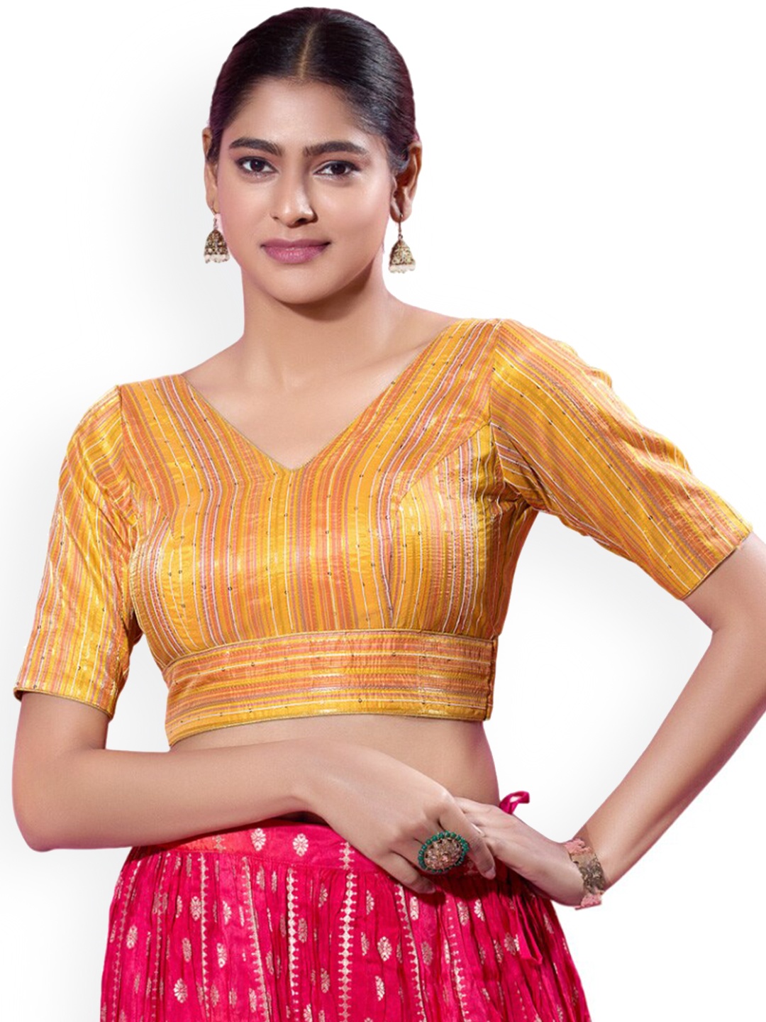 

SALWAR STUDIO Striped Saree Blouse, Mustard