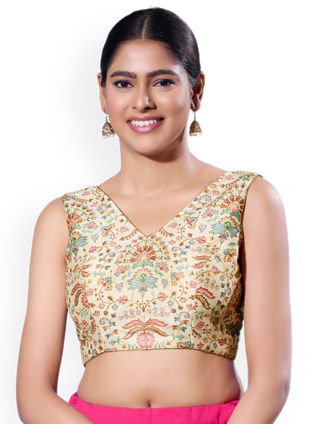 

SALWAR STUDIO Floral Printed V-Neck Saree Blouse, Gold