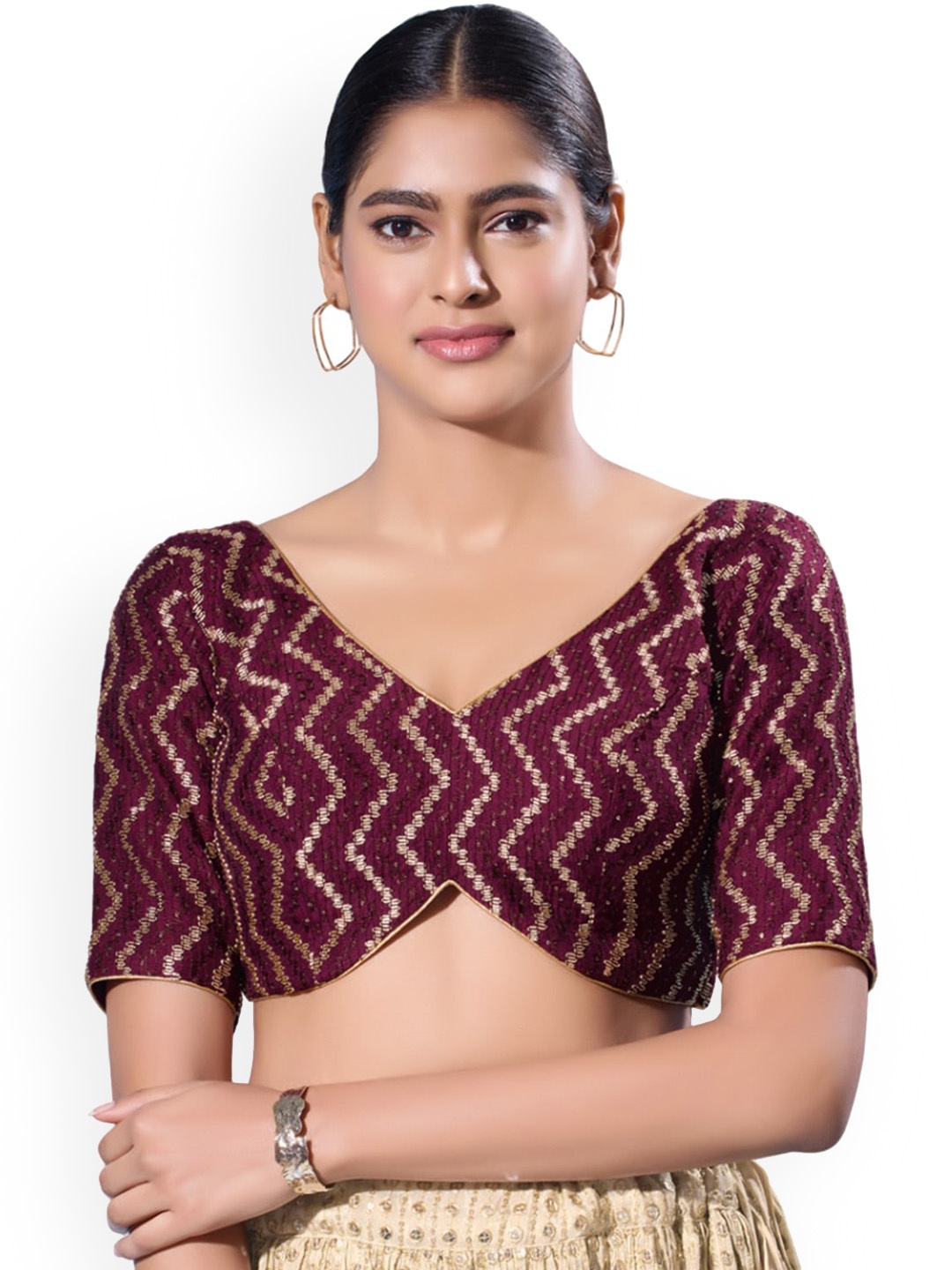 

SALWAR STUDIO Woven Design Silk Saree Blouse, Burgundy
