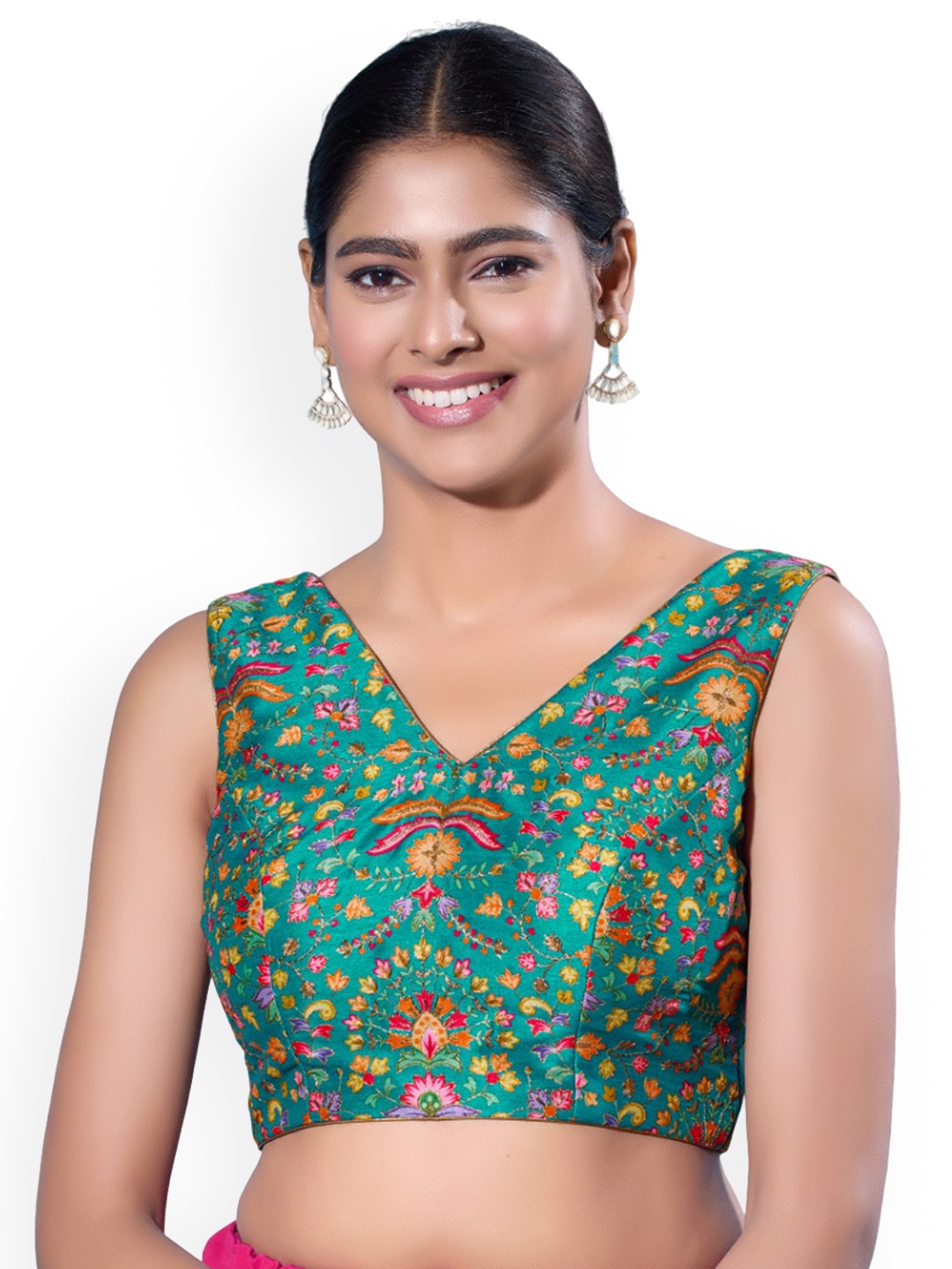 

SALWAR STUDIO Printed V-Neck Saree Blouse, Blue