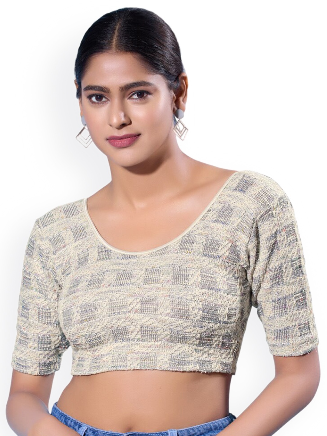

SALWAR STUDIO Checkered Stretchable Saree Blouse, Grey