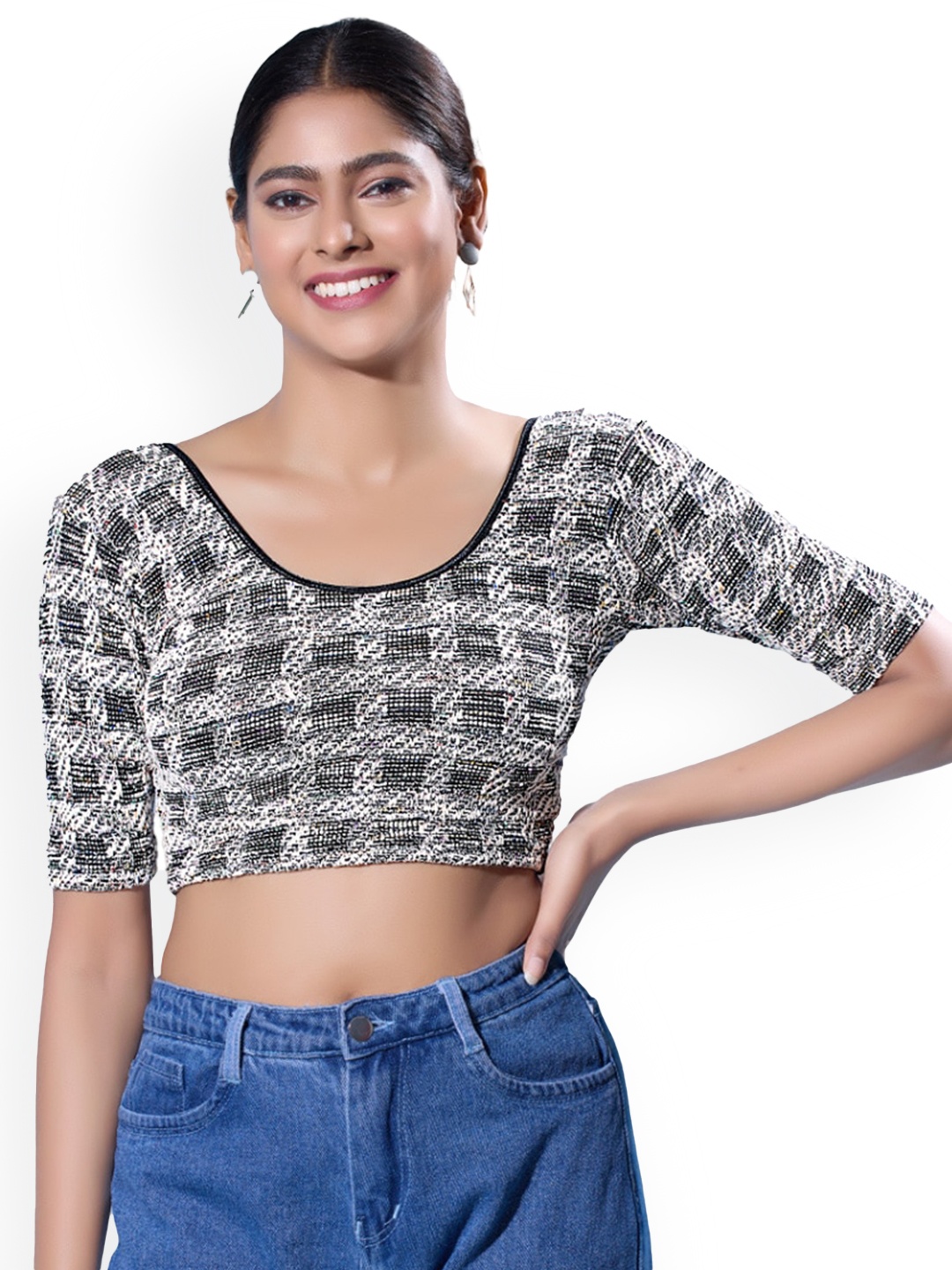 

SALWAR STUDIO Checkered Stretchable Saree Blouse, Black