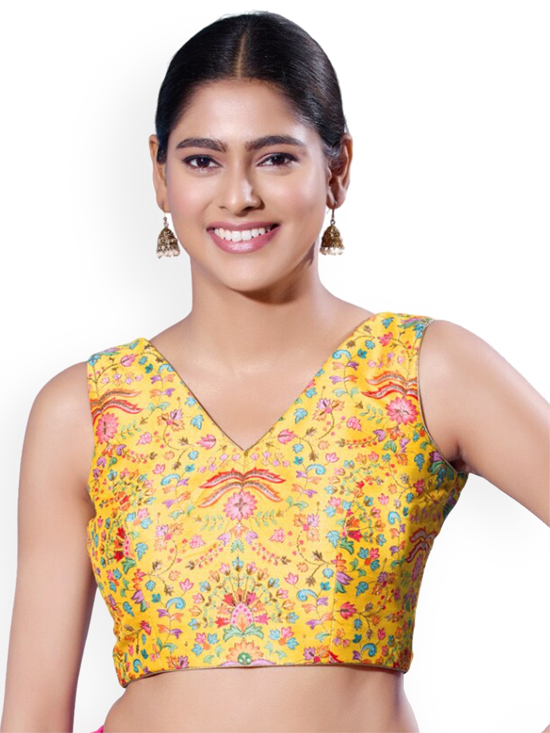 

SALWAR STUDIO Printed V-Neck Silk Saree Blouse, Yellow