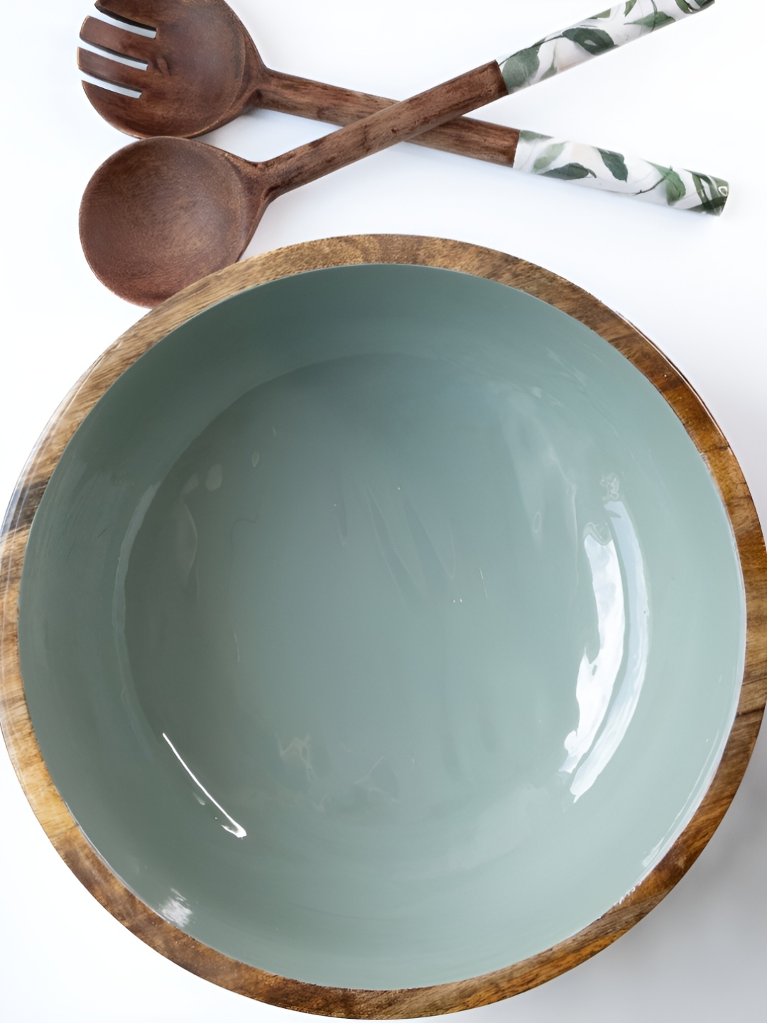 

NURTURE INDIA Sage Green Extra Large Mango Wooden Salad Bowl With Servers
