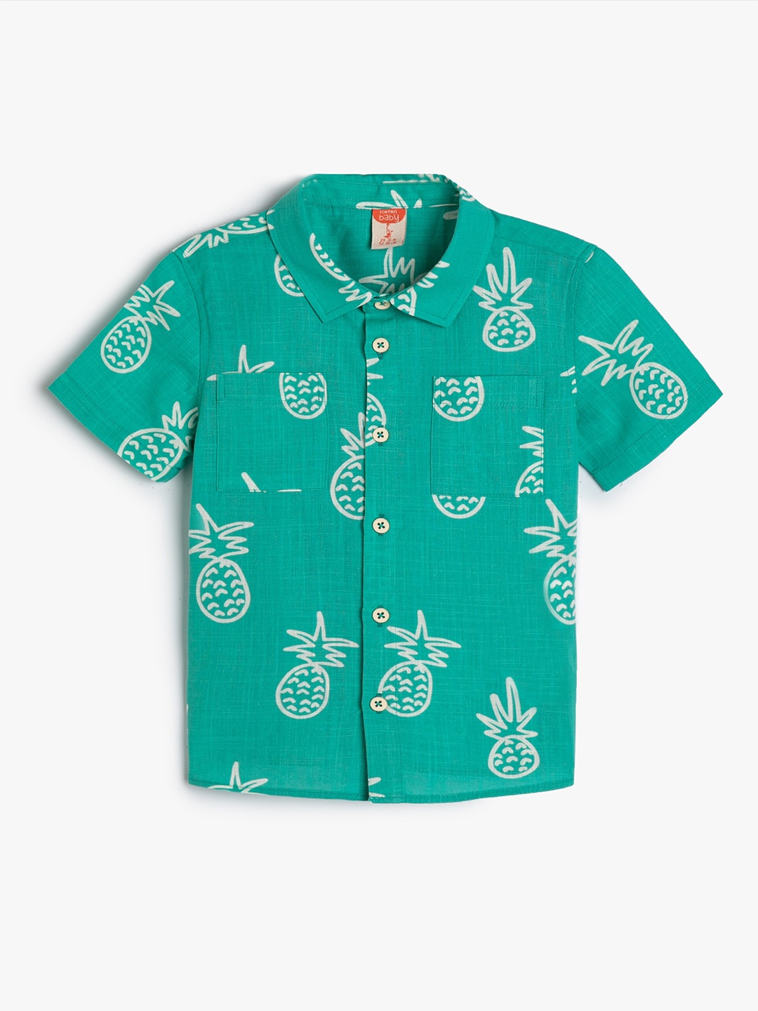 

Koton Boys Conversational Printed Spread Collar Cotton Casual Shirt, Turquoise blue