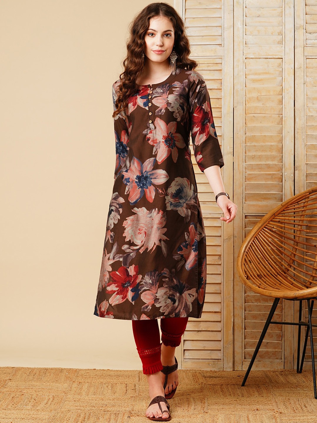 

FASHOR Floral Printed Round Neck Three-Quarter Sleeves Straight Kurta, Brown