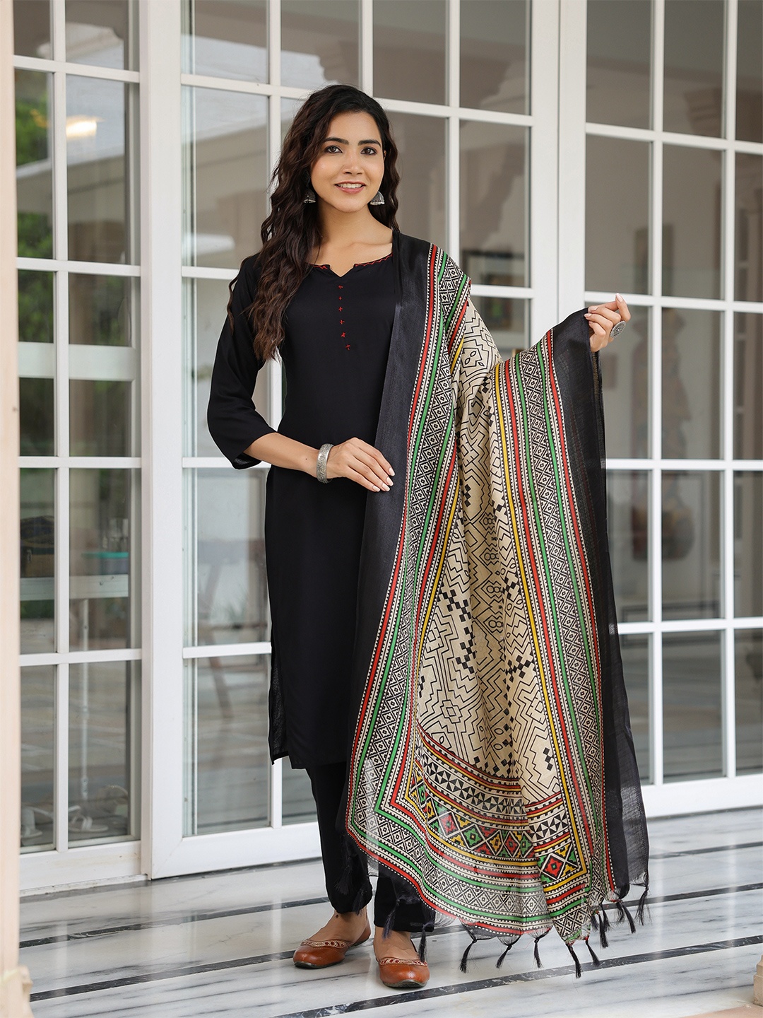 

FASHOR Women Embroidered Panelled Sequinned Kurta with Palazzos & With Dupatta, Black
