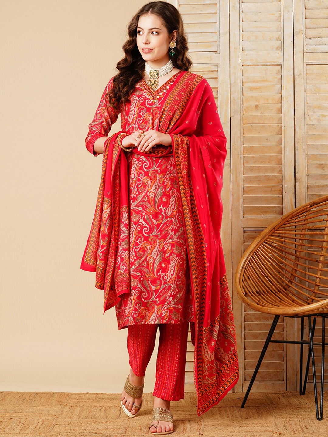 

FASHOR Women Ethnic Motifs Printed Regular Mirror Work Kurta with Trousers & With Dupatta, Pink