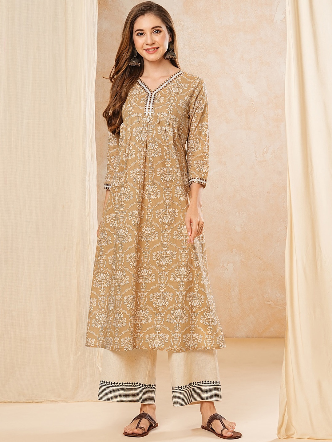 

FASHOR Ethnic Motifs Printed Gotta Patti Cotton A-Line Kurta, Camel brown