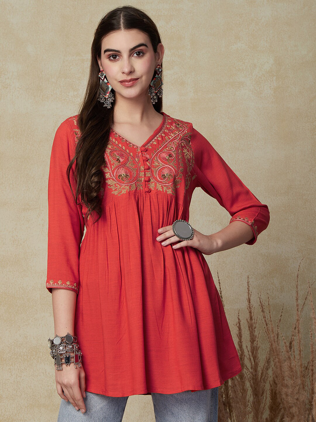 

FASHOR Floral Embroidered V-Neck Thread Work Pleated A-Line Kurti, Orange
