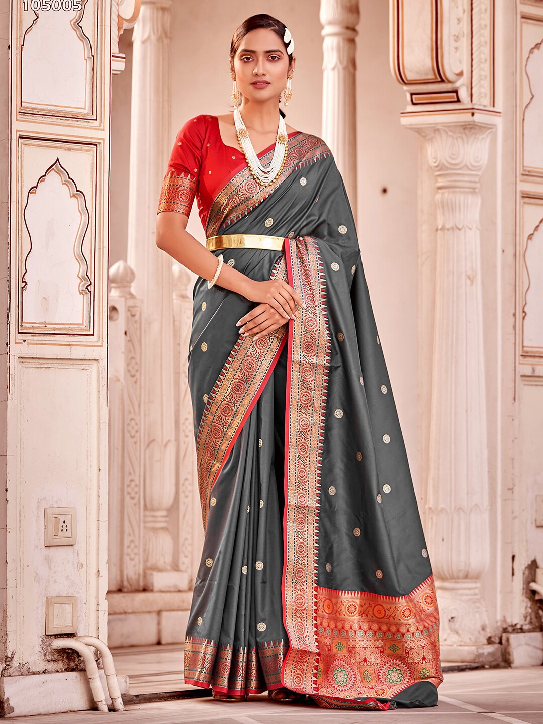 

Mitera Ethnic Motifs Zari Silk Blend Saree, Grey